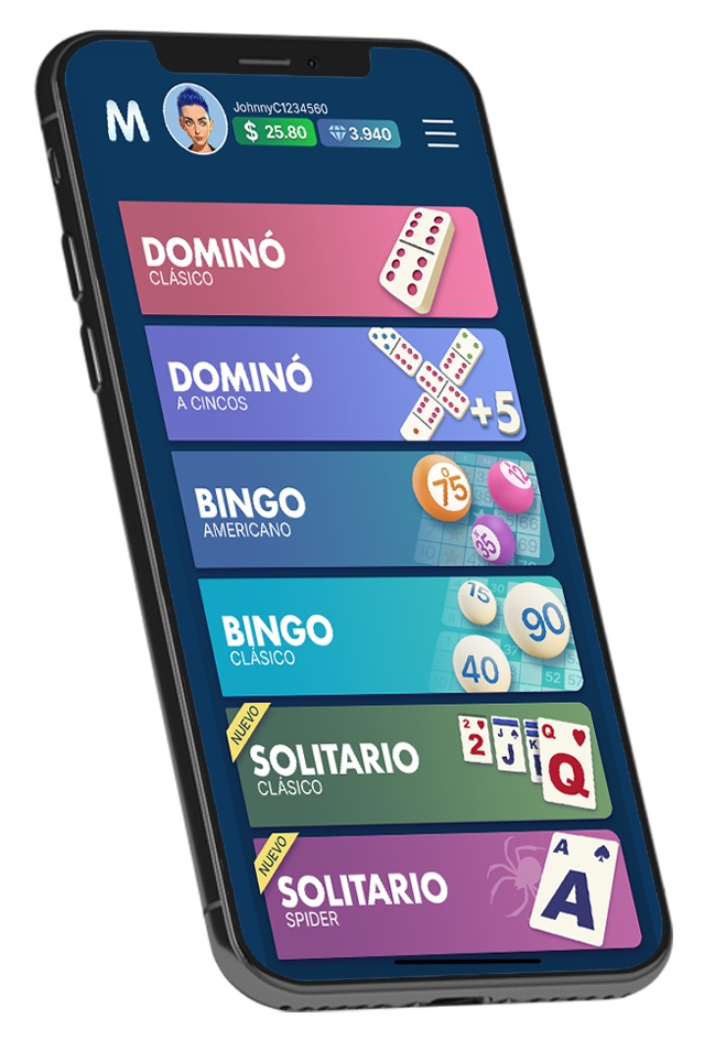 Pantalla del juego Mundijuegos Cash mostrando Dominó, Bingo y Solitario